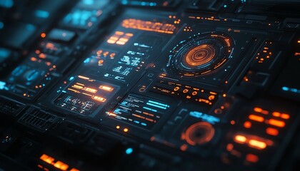 Obraz premium Hightech hacking toolkit with advanced digital interfaces, encrypted devices, and sleek, futuristic design elements in a darkened environment