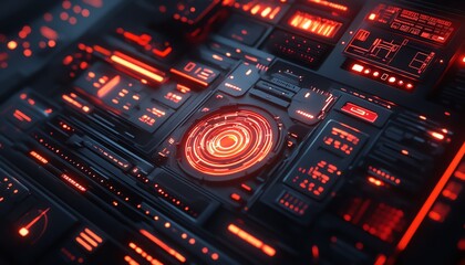 Obraz premium Hightech hacking toolkit with advanced digital interfaces, encrypted devices, and sleek, futuristic design elements in a darkened environment