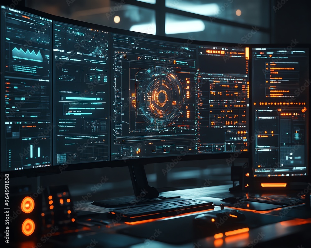 Leinwandbilder Advanced hacking console with realtime data theft, showcasing encrypted files being extracted, and sophisticated security bypass tools