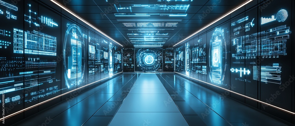 Poster advanced information security simulation with interactive digital environments, featuring data prote