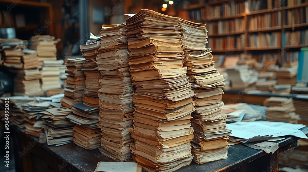 Poster a large stack of old, worn books sits on a table in a library.