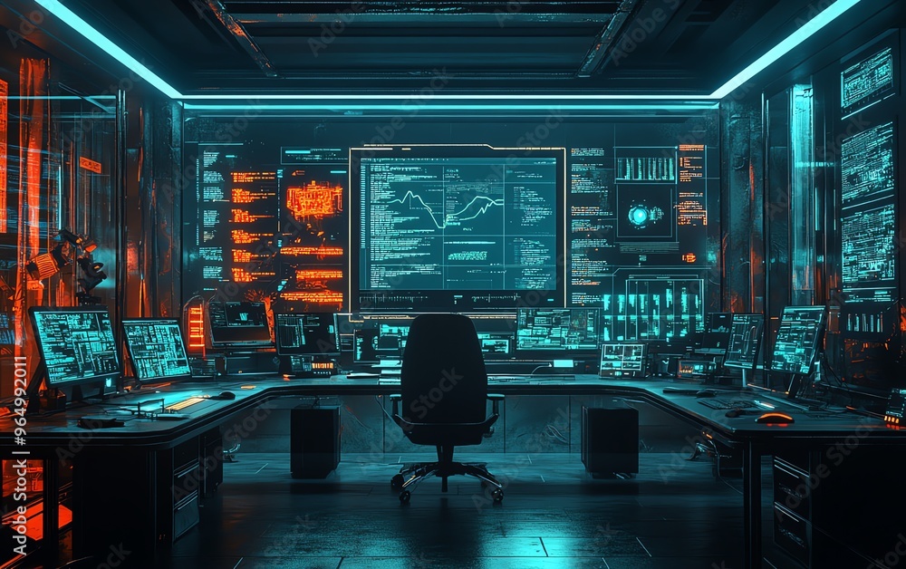 Poster Anonymous digital communication setup with complex encryption algorithms, virtual private networks, and secure messaging tools in a futuristic lab