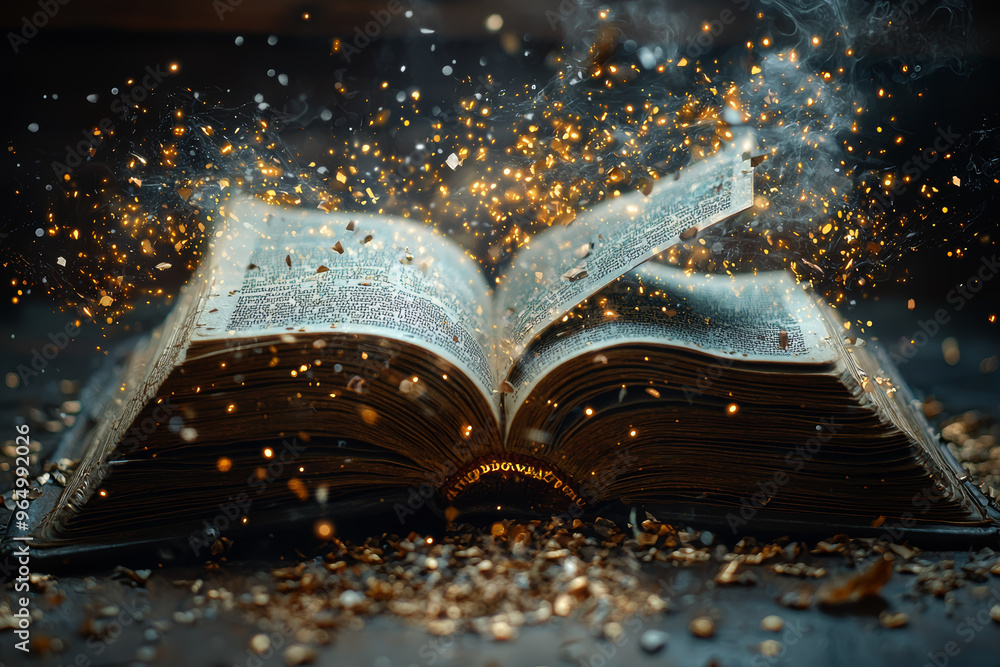 Aufkleber a book lying open with text appearing and disappearing from the pages. concept of literary magic and