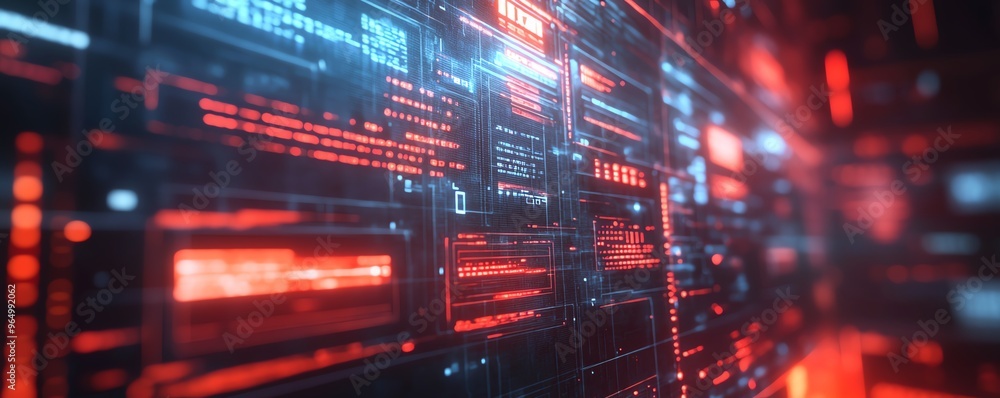 Poster Closeup of a data theft interface with stolen personal information, realtime security breaches, and hightech hacking tools in a dark setting