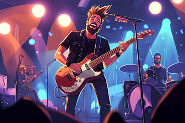 Obraz premium A rock band performing on stage, the lead singer is playing an electric guitar and singing into a microphone.