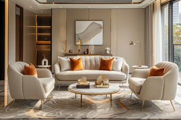 Fototapeta premium Light beige fabric sofa with brass gold hairpin legs and golden accents in a modern luxurious living room with warm tones.