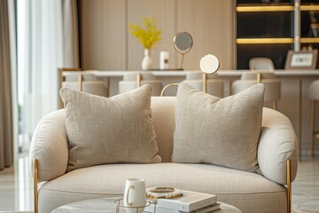 Light beige fabric sofa with brass gold hairpin legs and golden accents in a modern luxurious living room with warm tones.