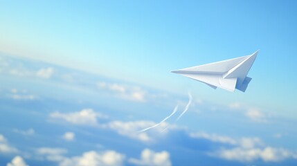 Fototapeta premium White paper airplane flying high above the clouds.