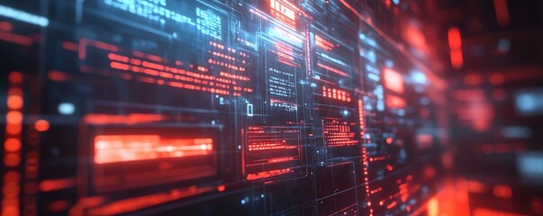 Closeup of a data theft interface with stolen personal information, realtime security breaches, and hightech hacking tools in a dark setting