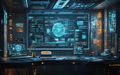 Obraz premium Anonymous digital communication setup with complex encryption algorithms, virtual private networks, and secure messaging tools in a futuristic lab