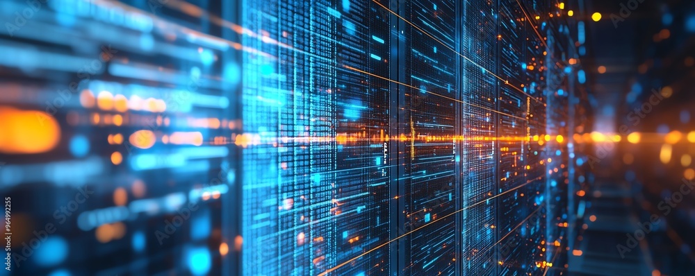 Poster closeup of a secure data center with stateoftheart cybersecurity systems, featuring encrypted server