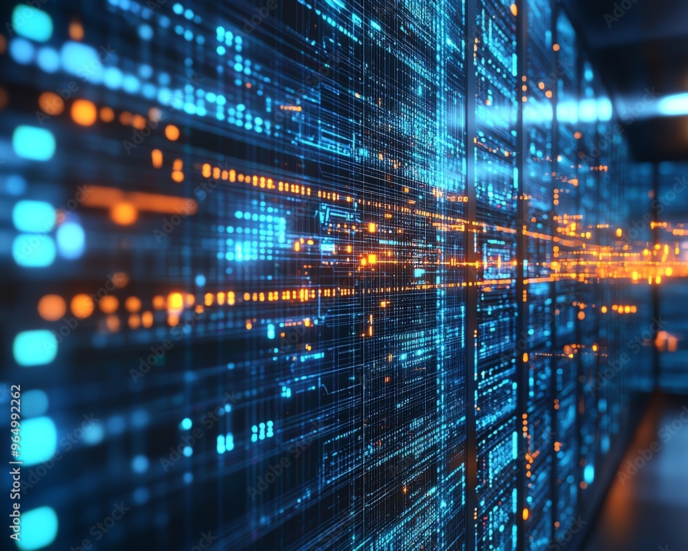 Aufkleber Closeup of a secure data center with stateoftheart cybersecurity systems, featuring encrypted servers, firewalls, and digital security measures