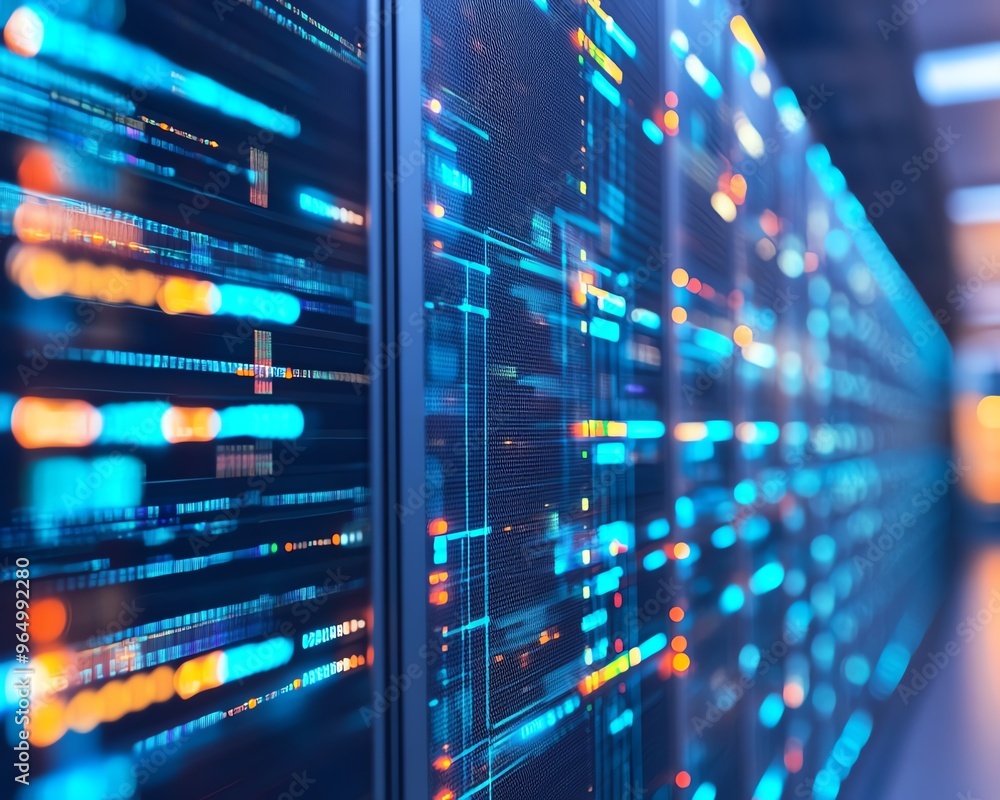 Poster closeup of a secure data center with stateoftheart cybersecurity systems, featuring encrypted server