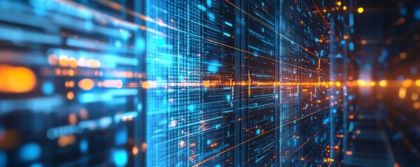 Closeup of a secure data center with stateoftheart cybersecurity systems, featuring encrypted servers, firewalls, and digital security measures