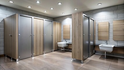 Grey laminate toilet stalls line the interior of the public restroom, each with post-mounted panels providing partial