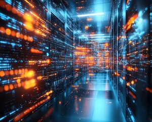 Fototapeta premium Closeup of a secure data center with stateoftheart cybersecurity systems, featuring encrypted servers, firewalls, and digital security measures