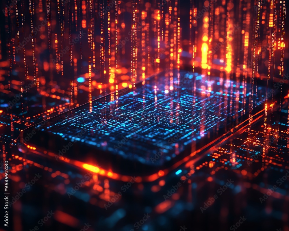 Poster cybersecurity breach with stolen data files being accessed on a sleek device, set against a backdrop