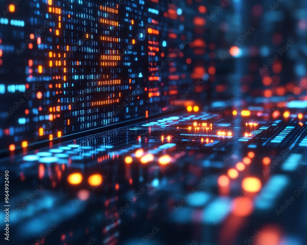 Aufkleber Cybersecurity breach with stolen data files being accessed on a sleek device, set against a backdrop of encrypted digital codes and dark technology