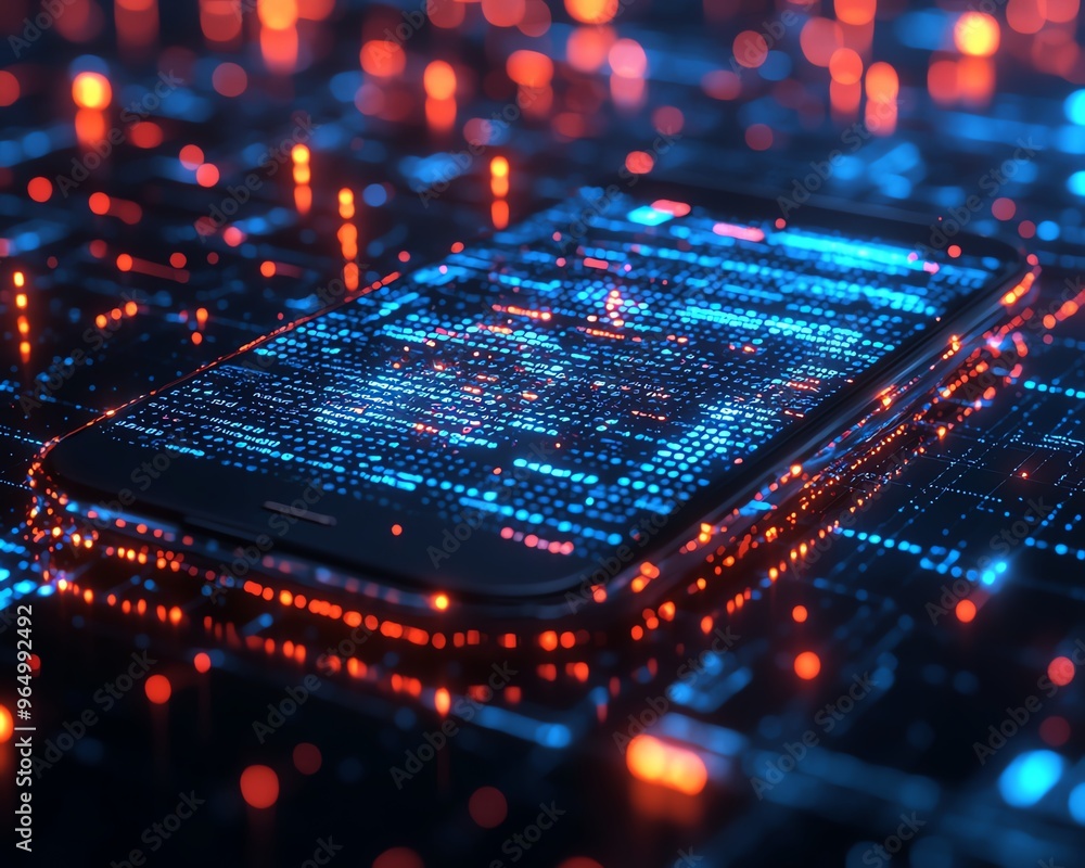 Leinwandbilder Cybersecurity breach with stolen data files being accessed on a sleek device, set against a backdrop of encrypted digital codes and dark technology