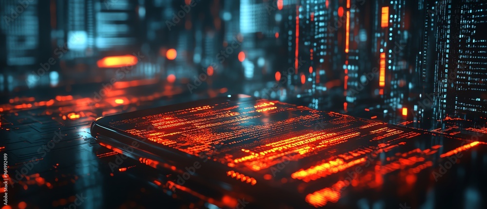 Leinwandbilder cybersecurity breach with stolen data files being accessed on a sleek device, set against a backdrop