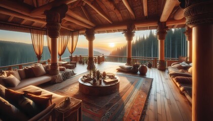 Fototapeta premium interior of luxurious ethnic style house, terrace, view of the sunset forest, created with A.I. generative.