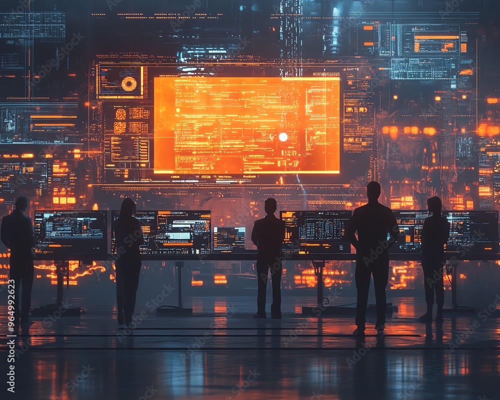 Poster dynamic scene of a cybersecurity team responding to a security breach, with detailed digital interfa
