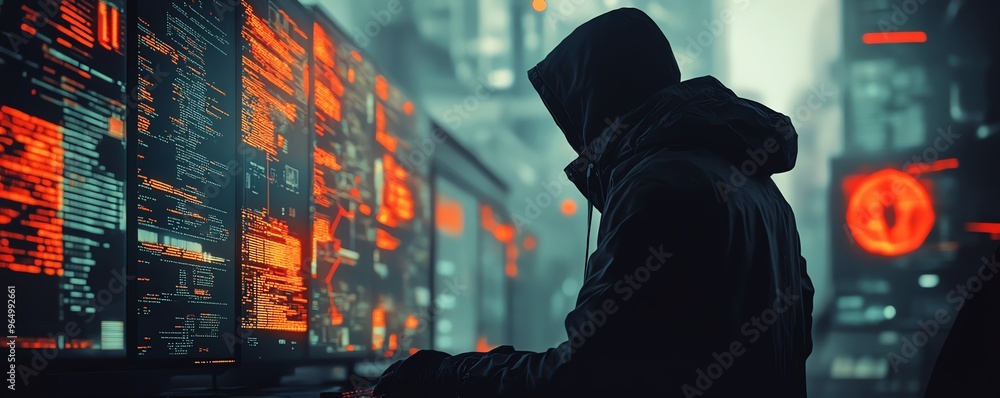 Poster Dynamic scene of a hacker infiltrating a corporate network, with complex encryption, firewall breaches, and digital countermeasures in action