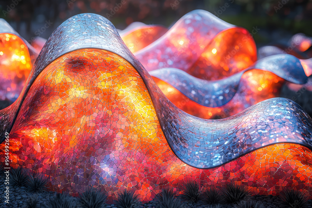 Poster an abstract sculpture with shifting patterns and lights that change as you move around it. concept o
