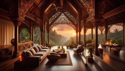 Obraz premium interior of luxurious ethnic style house, terrace, view of the sunset forest, created with A.I. generative.