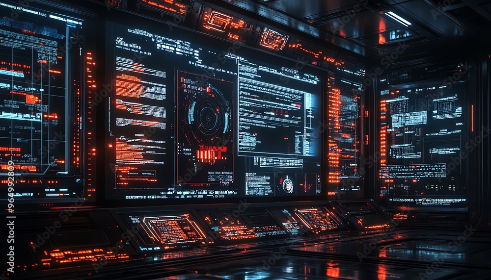 Fototapete Futuristic network hacking setup with multiple screens displaying code breaches, data flows, and security vulnerabilities in a hightech environment