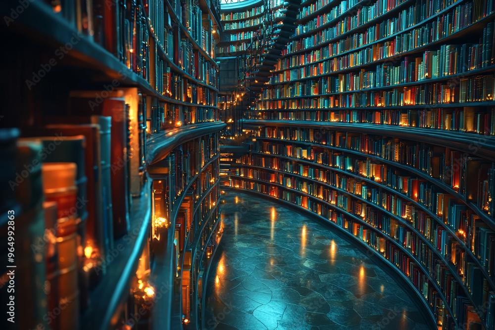 Poster a vast library with floating books and swirling words, illustrating the endless flow of knowledge an