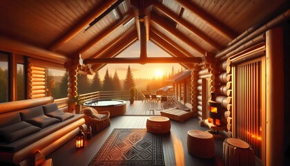 interior of luxurious ethnic style house, terrace, view of the sunset forest, created with A.I. generative.