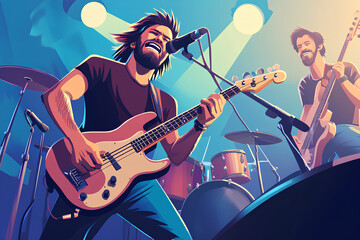 Obraz premium Two musicians, one with a microphone and one with a bass guitar, perform on stage under bright spotlights.