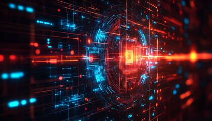 Futuristic network security breach with sophisticated hacking techniques, featuring encrypted data, virtual firewalls, and hightech hacking gear