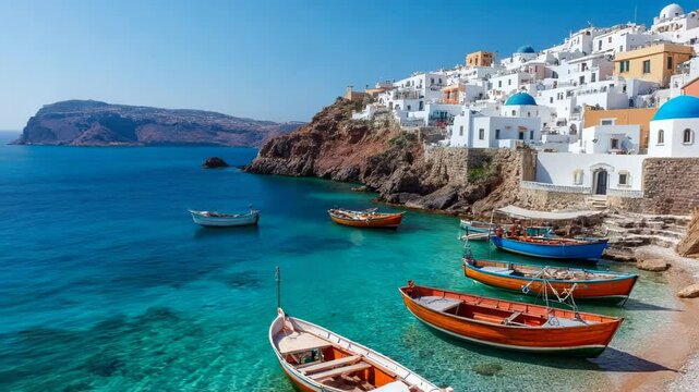Picturesque Cycladic village perched on rocky cliffs overlooking azure Aegean Sea. White-washed buildings with blue domes cascade down hillside. 