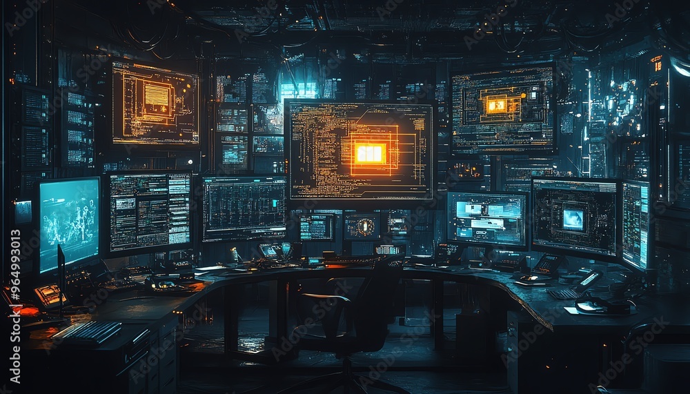 Poster Hightech data theft operation with advanced hacking tools, showing stolen data on multiple screens, surrounded by a dark, digital environment