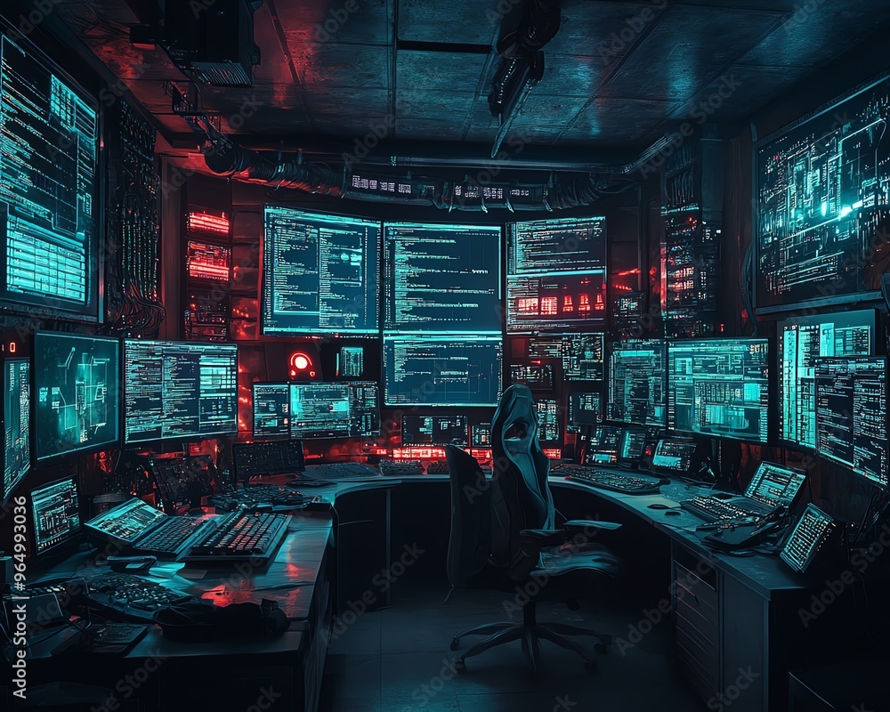 Poster Hightech data theft operation with advanced hacking tools, showing stolen data on multiple screens, surrounded by a dark, digital environment
