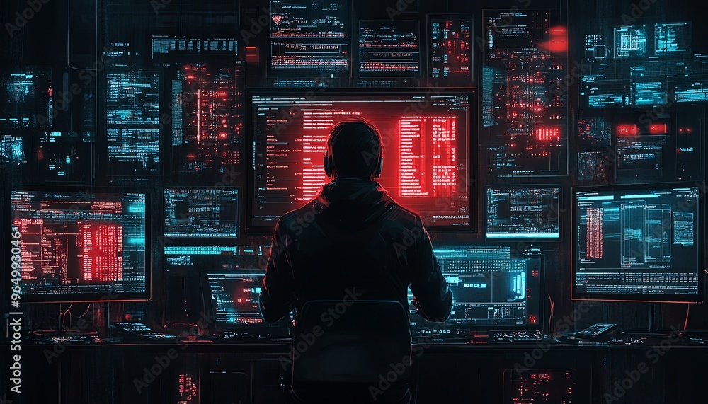 Poster Hightech data theft operation with advanced hacking tools, showing stolen data on multiple screens, surrounded by a dark, digital environment