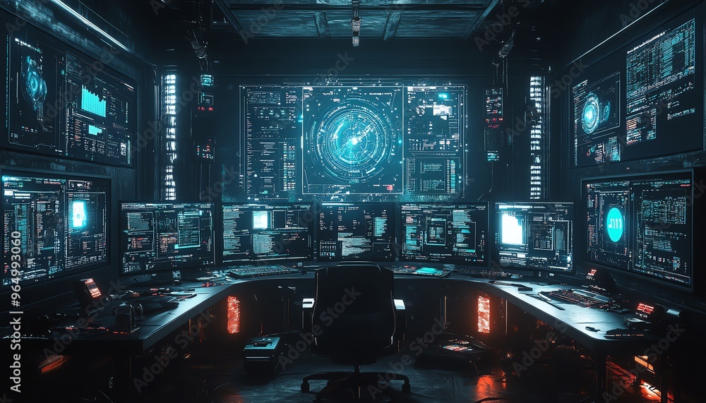 Poster Hightech data theft operation with advanced hacking tools, showing stolen data on multiple screens, surrounded by a dark, digital environment