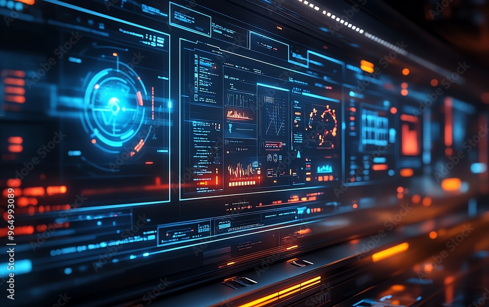 Leinwandbilder Hightech information security setup with interactive dashboards, showing threat alerts, firewall configurations, and secure data encryption