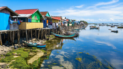 Vibrant coastal community with colorful houses on stilts and fishing boats. serene water reflects lively atmosphere of seaweed farms nearby.