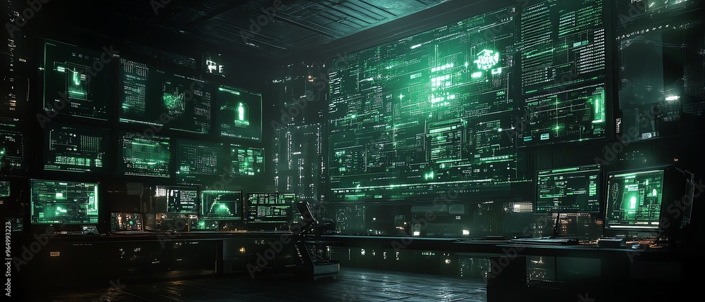Poster Intricate network hacking scene with detailed digital interfaces, showing realtime network breaches, security protocols, and advanced encryption