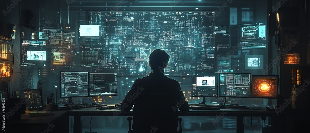 Poster Intricate network hacking scene with detailed digital interfaces, showing realtime network breaches, security protocols, and advanced encryption