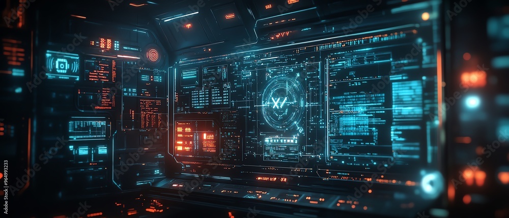 Poster intricate network hacking scene with detailed digital interfaces, showing realtime network breaches,
