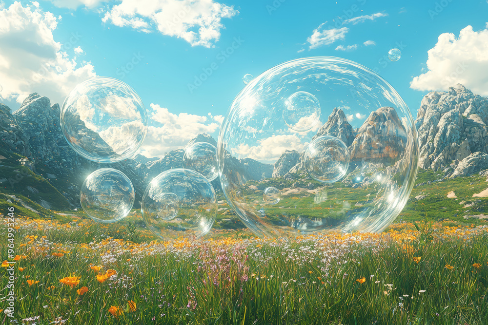 Poster a surreal landscape where thought bubbles float above, containing abstract concepts and innovative i