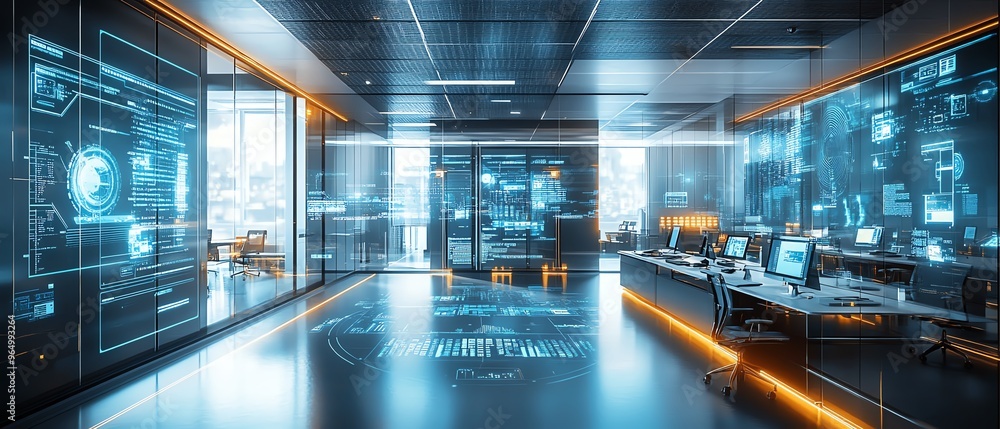 Aufkleber modern office with advanced information security features, including biometric access controls, encr