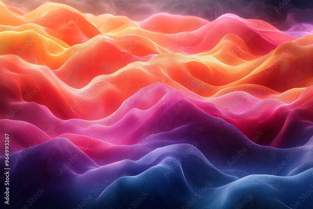 Poster a surreal landscape with waves of color undulating in a rhythmic pattern, inducing a trance-like sta