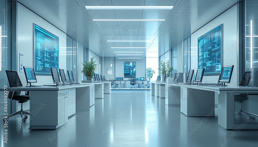 Aufkleber modern office with advanced information security features, including biometric access controls, encr