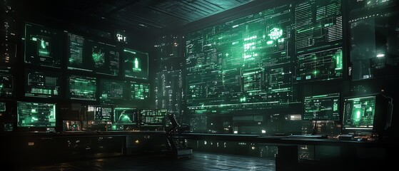 Fototapeta premium Intricate network hacking scene with detailed digital interfaces, showing realtime network breaches, security protocols, and advanced encryption