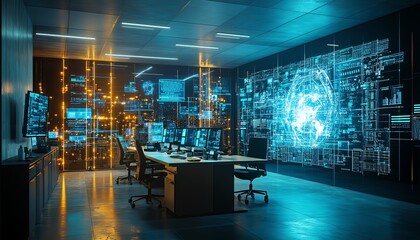 Modern office with advanced information security features, including biometric access controls, encrypted communication devices, and secure server rooms